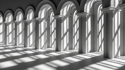  A monochrome image of a building's row of arched windows bathed in sunlight Sunrays penetrate through the windows, projecting elongated shadows onto the wall