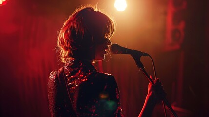 Black silhouette of female rock star singer with a microphone. singer sings a karaoke song on stage...