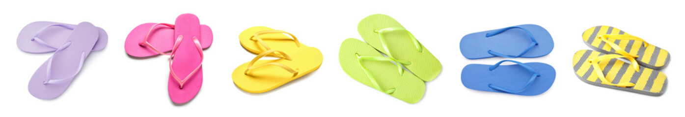 Set of stylish flip-flops on white background
