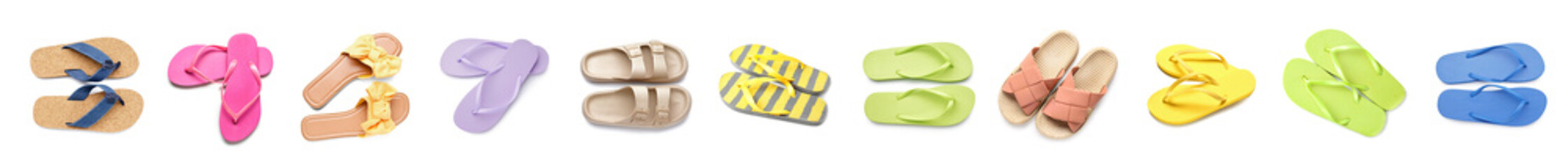 Set of stylish flip-flops on white background