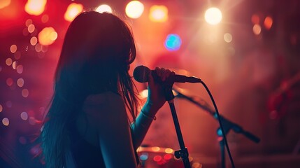 Black silhouette of female rock star singer with a microphone. singer sings a karaoke song on stage with spotlights in the background.back view
