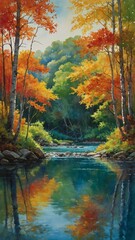 Obraz premium Serene, picturesque scene unfolds where autumn trees with vibrant red, orange, yellow leaves reflected in calm river. River, surrounded by rocks, lush greenery, flows gently through forest.