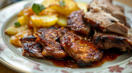 Traditional czech cuisine showcasing juicy pork roast served with roasted potatoes and fresh herbs on an ornate platter
