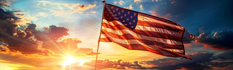 Beautiful image of an American flag waving against a vibrant sunset sky, perfect for patriotic celebrations like Independence Day and Fourth of July. - Powered by Adobe