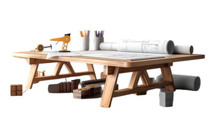 Architect's Setup with Drawing Table and Blueprints for Design and Planning, Isolated on White, Transparent Background, PNG File, Hand Edited Generative AI