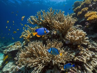 Underwater scene captures eye, filled with life, color. Brightly colored fish, yellow, blue, swim among coral reefs. Coral, in various shapes, sizes, creates beautiful underwater ecosystem.