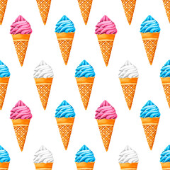 Ice Cream Sweet Desserts Seamless Pattern. Sweet summer dessert, gelato with different tasties, ice-cream cone and popsicle. Watercolor illustration street frozen fast food for postcards, design print