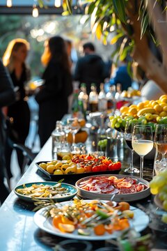 Apericena Illustrate a vibrant afterwork networking event with professionals enjoying drinks and hors doeuvres