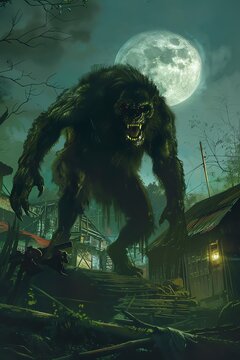 Aswang Illustrate an Aswang in its monstrous form, lurking in the shadows of a Filipino village at night