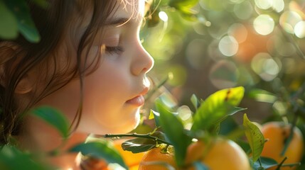 A young girl intimately engaging with the scent of a fresh citrus fruit in a sunlit grove. A young girl inhales the fresh scent of an orange amidst the warm glow of a citrus grove at sunset. AIG50