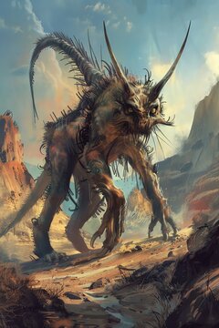 Catoblepas Depict the Catoblepas with its heavy head and deadly gaze, standing in a desolate landscape