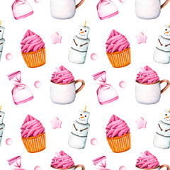 Cupcake with pink and white cream. Seamless pattern. Hot drink cup with whipped cream. Sweet dessert muffin and marshmallow snowman. Watercolor illustration for postcards, design, print