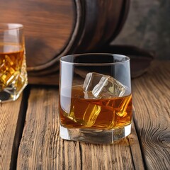 Glass of whiskey with ice on old wooden background. Brandy glass. Scotch whiskey