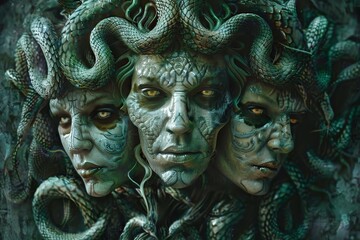Fototapeta premium Gorgons Show the three Gorgons, with Medusa at the center, their snake hair writhing and eyes glowing menacingly