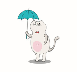 Cute cat with an umbrella. Rainy season. Pet on a walk. Cartoon kitten. Vector illustration. Background isolated.