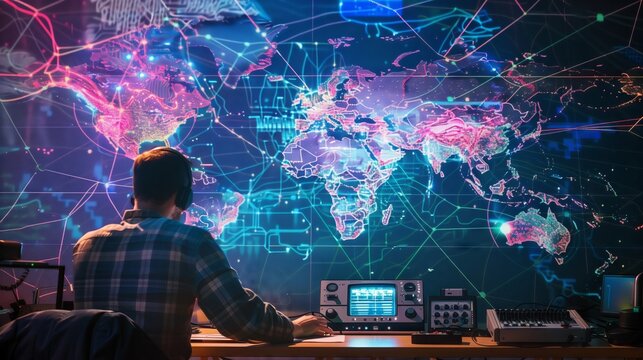 An amateur radio operator connected globally, with a map showing lines of international connections.