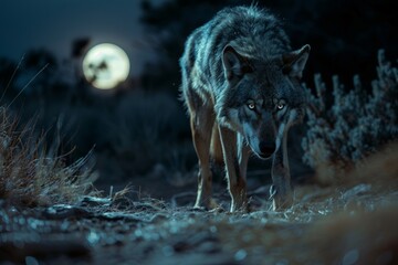 Aggressive rabid wolf in the night