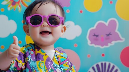 サングラスをかけて親指を立てる日本人の赤ちゃん