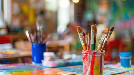Colorful paintbrushes in art studio. Colorful paintbrushes stand ready in a jar, showcasing the vibrant and creative atmosphere of an art studio.