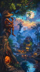 Fototapeta premium Kapre Depict a Kapre sitting in a large tree, smoking a cigar and watching over a Filipino village