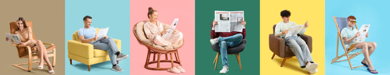 Collage of young people reading newspapers on color background