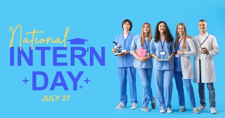 Group of medical students on light blue background. Banner for National Intern Day