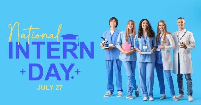 Group of medical students on light blue background. Banner for National Intern Day