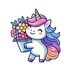 Naklejka premium cute unicorn holding flower icon character cartoon