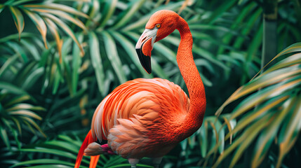 Fototapeta premium Close-Up of a Pink Flamingo, Detailed Portrait Capturing the Essence of Exotic Wildlife Elegance