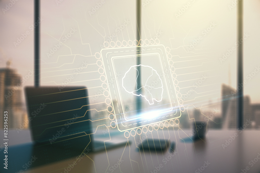 Poster creative artificial intelligence concept with human brain hologram and modern desktop with computer 