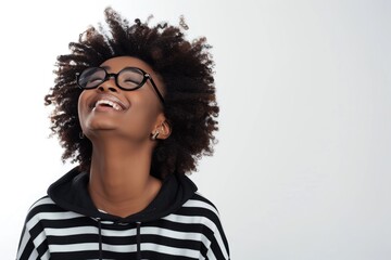 Make-Up Business. African American Woman in Fashionable Striped Shirt and Goggles Smiling Happily