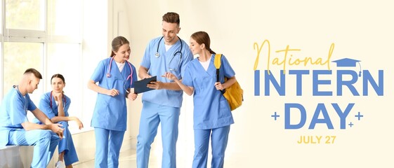 Group of medical students in hall of clinic. Banner for National Intern Day