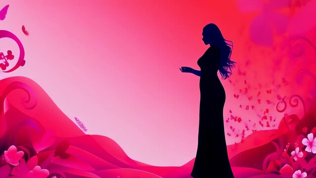 A silhouette of a woman in a dress against a vibrant red and pink floral background with swirls, butterflies, and hearts, evoking feelings of romance, elegance, and femininity.