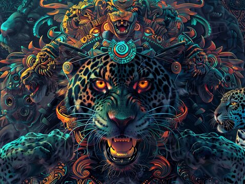 Tezcatlipoca Depict Tezcatlipoca, the Aztec god of darkness, surrounded by swirling shadows and jaguars