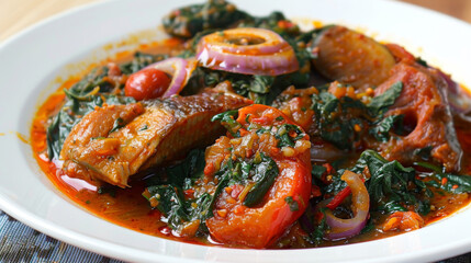 Savory african spinach stew with tender fish, ripe tomatoes, and onions in a flavorful, spicy tomato sauce, presented on a white platter