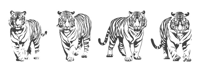 set of tiger silhouettes, black and white vector design, generated ai