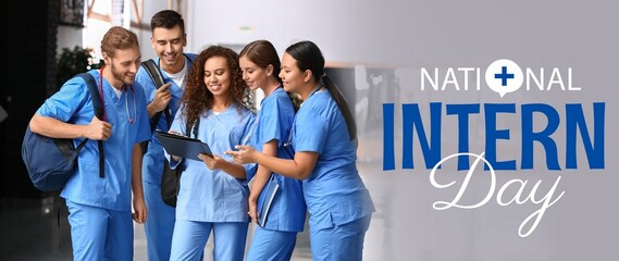 Group of students in hall of medical university. Banner for National Intern Day