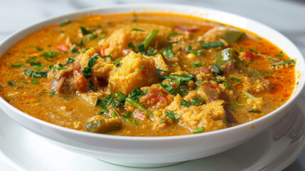 Vibrant close-up of a hearty vegetable stew in a white bowl, ideal for a nutritious meal inspiration