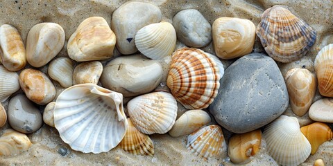 Beautifully arranged collection brown, white seashells, smooth rocks sand background, evoking summer beach vibes. Nature-themed, coastal decor inspiration.