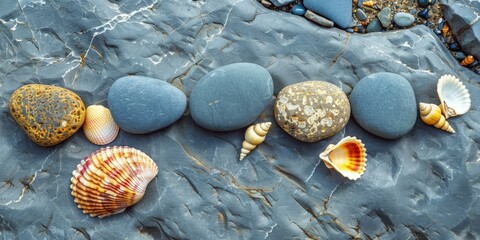 Colorful seashells & smooth stones arranged on textured grey rock surface, evoking relaxing beach vibes, seaside holidays, peaceful coastal themes.