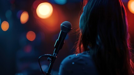 Obraz premium Black silhouette of female rock star singer with a microphone. singer sings a karaoke song on stage with spotlights in the background.back view