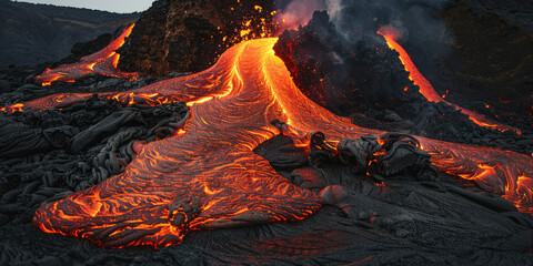 Red hot boiling lava flows out of a petrified volcano