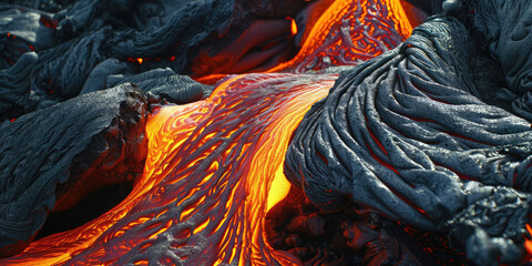 Red hot boiling lava flows out of a petrified volcano