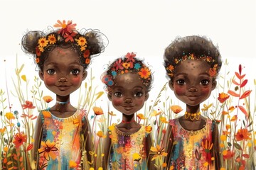 watercolor illustration, international African children's day, smiling African girls among colorful flowers, white background , free space for text