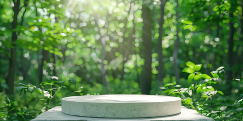 Round plaster podium for product demonstration mockup on sunny green forest background in summertime