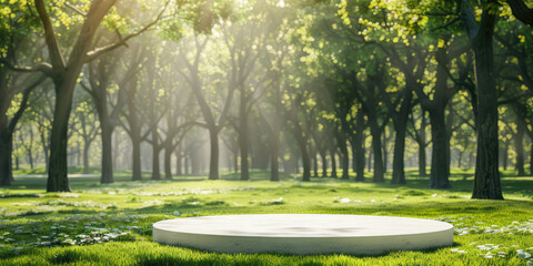 Round plaster podium for product demonstration mockup on sunny green forest background in summertime