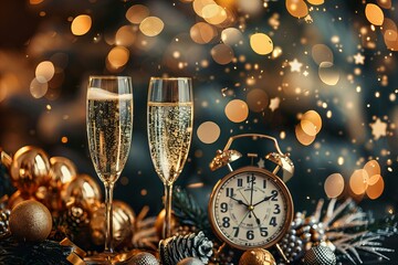 Two champagne glasses and clock on table