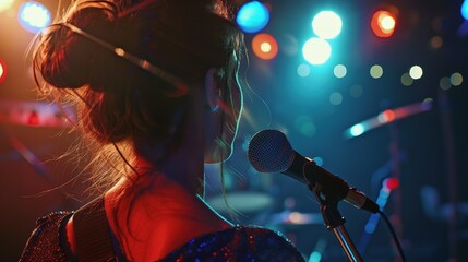 Black silhouette of female rock star singer with a microphone. singer sings a karaoke song on stage with spotlights in the background.back view