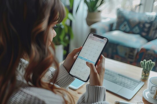 Woman checking phone and calendar
