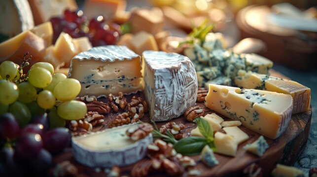 Close-up of a handcrafted cheese board featuring cheeses from different regions.